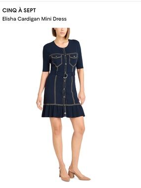cinq a sept Navy Short-Sleeve Button-Front Mini Dress with Contrast Stitching
